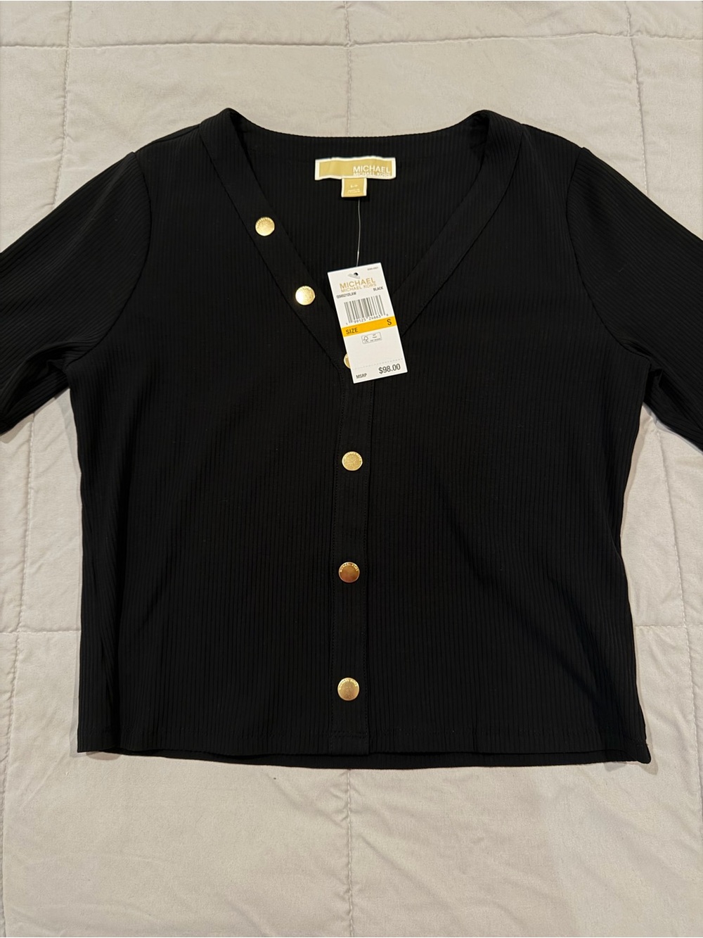 Michael Kors Black V-Neck Ribbed Button Front Top